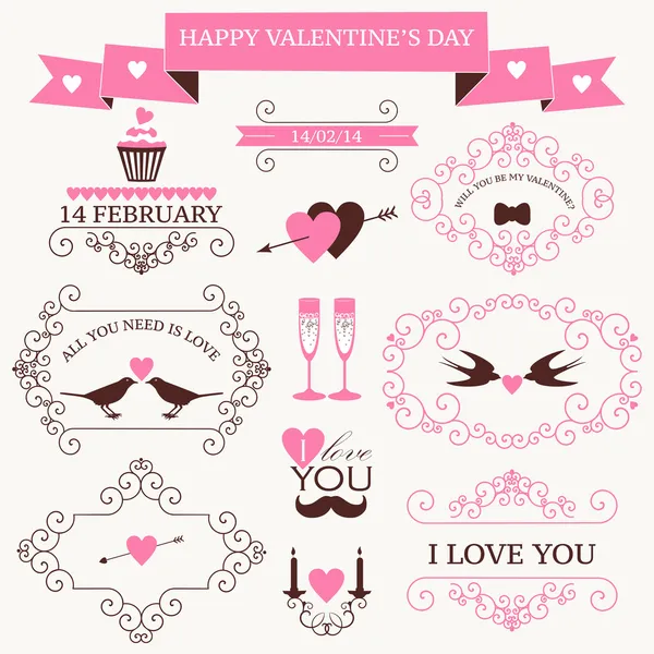 Vector set of valentine's day vintage design elements and icons — Stock Vector