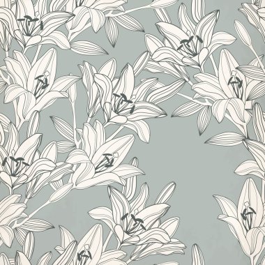 Dekoratif Beyaz Zambak çiçekler siluetleri vektör arka plan.