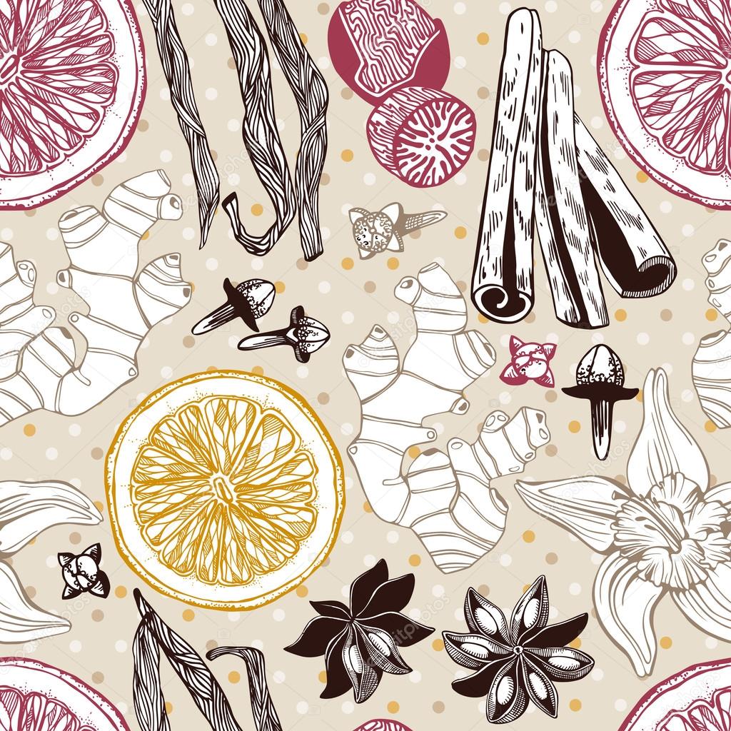 Seamless vector pattern with hand drawn spices