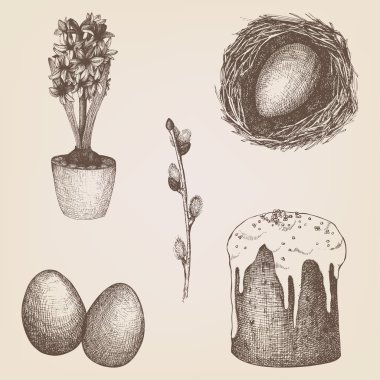 Paskalya çizimler vektör vintage koleksiyonu el çekilmiş