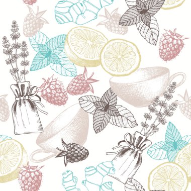 elle çizilmiş çay kez elemanları, meyveler ve otlar ile sorunsuz vektör desen