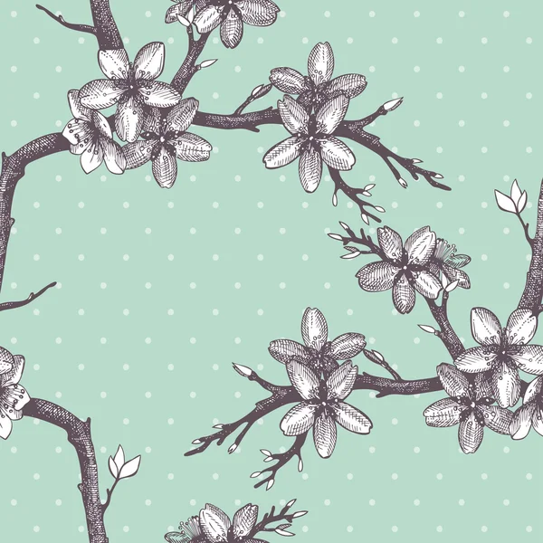 Modèle sans couture vintage vectoriel avec rameau d'arbre fruitier à fleurs dessiné à la main — Image vectorielle
