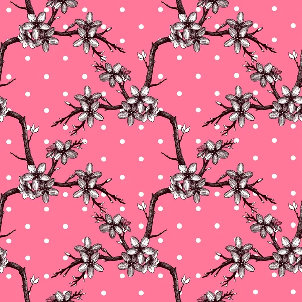 Vintage nahtloses Muster mit handgezeichneten blühenden Obstbaumzweigen — Stockvektor
