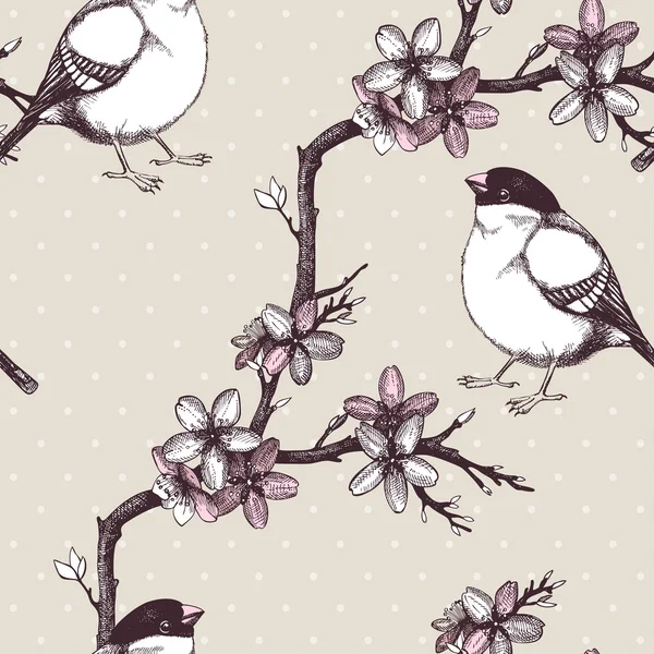 Modèle vintage sans couture vectoriel avec rameaux d'arbres fruitiers à fleurs dessinés à la main et oiseaux — Image vectorielle