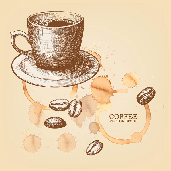 Illustration de tasse de café dessinée à la main sur fond tacheté avec grains de café — Image vectorielle