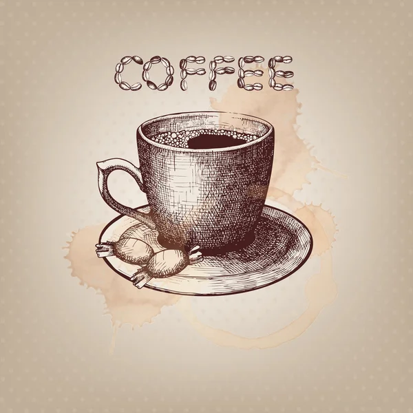 Cangkir kopi gambar tangan pada latar belakang bintik - Stok Vektor