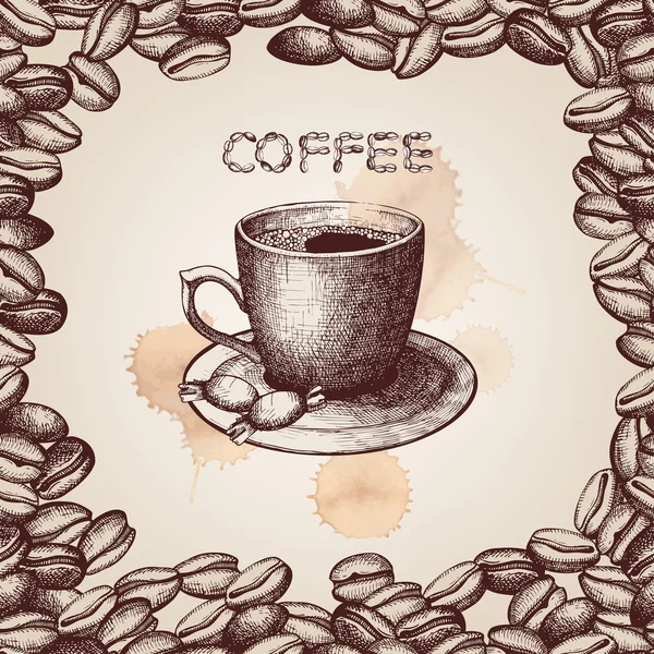Illustrazione disegnata a mano tazza di caffè su sfondo decorativo con cornice chicchi di caffè — Vettoriale Stock