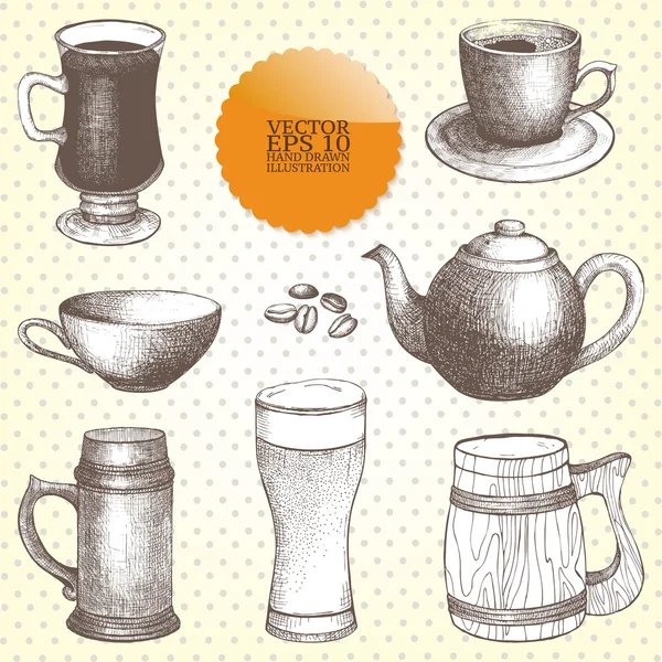 Vector collection of vintage hand drawn drink-things illustrations isolated on white — Stock Vector