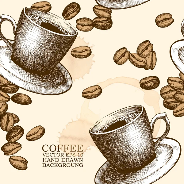 Ilustración de taza de café dibujado a mano sobre fondo manchado con granos de café — Vector de stock