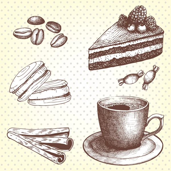 Coleção vetorial de ilustrações de tempo de café desenhado à mão vintage — Vetor de Stock