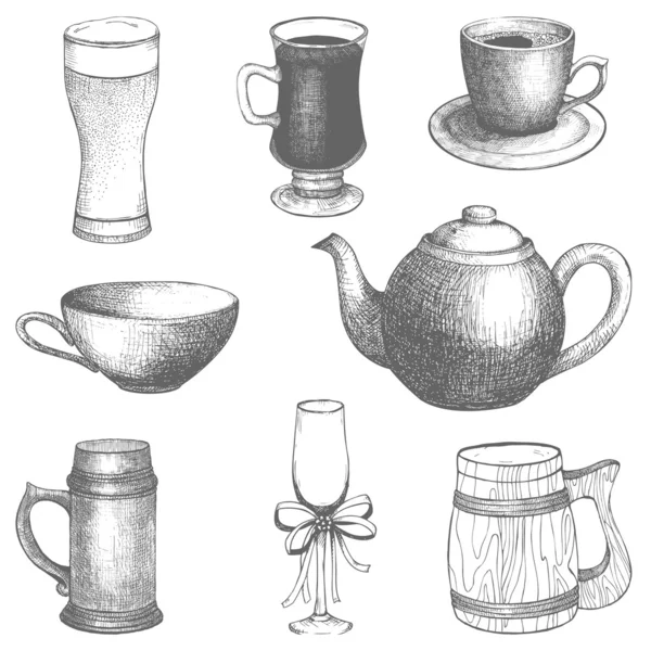 Colección vectorial de ilustraciones de bebidas dibujadas a mano vintage — Archivo Imágenes Vectoriales