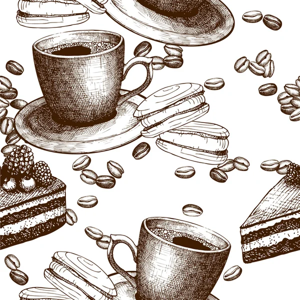 Sfondo caffè senza cuciture con elementi disegnati a mano isolati su bianco — Vettoriale Stock