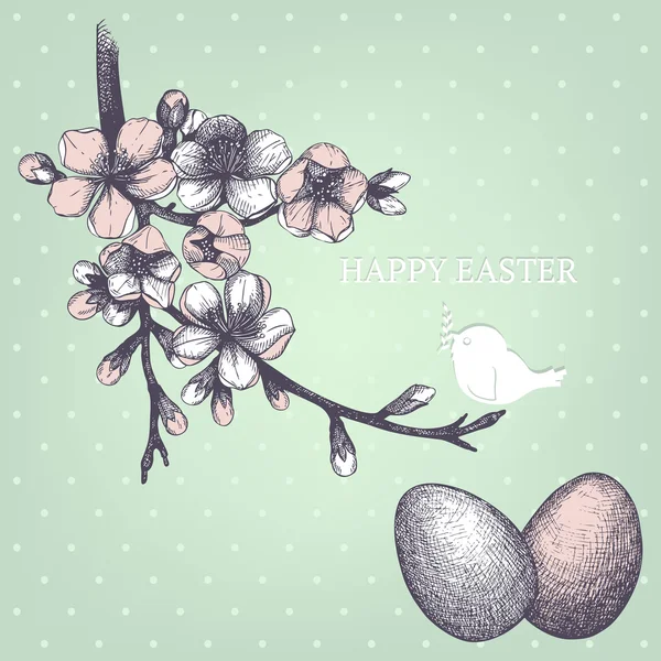 Vector vintage design for you Easter card or invitation with hand drawn bird nest illustrations on mint background — Stock Vector