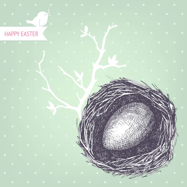 Vector vintage design for you Easter card or invitation with hand drawn bird nest illustrations on mint background — Stock Vector