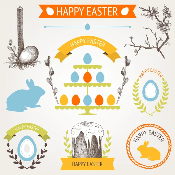 Kolekcja retro Wielkanoc ikony z ręka starodawny ilustracje karty lub zaproszenie projekt wektor — Wektor stockowy