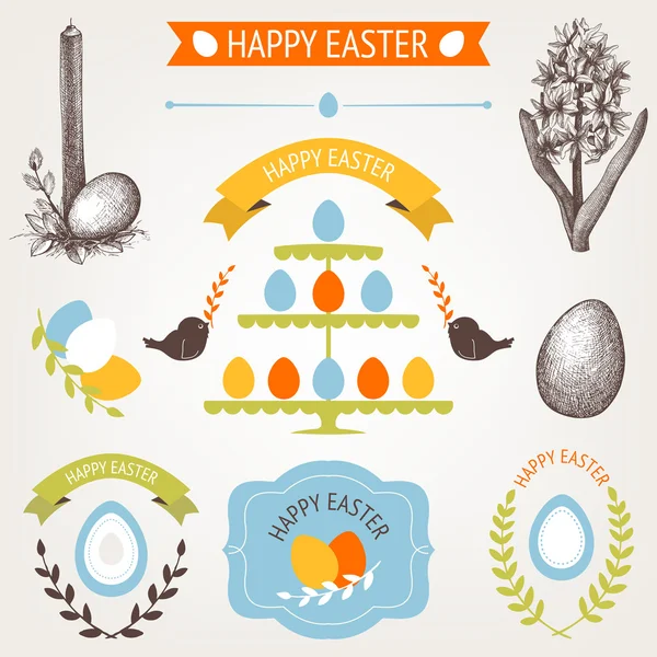 Vector collection of retro Easter icons with hand drawn vintage illustrations for your card or invitation design — Stock Vector