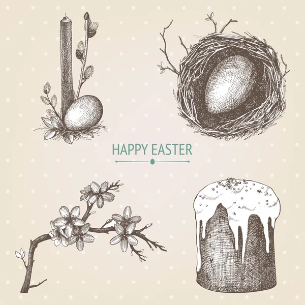 Vector vintage collection of hand drawn Easter illustrations on spotted background — Stock Vector