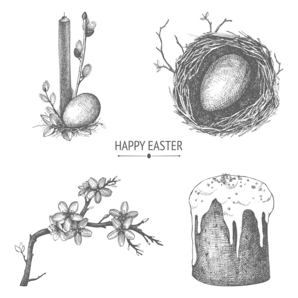 Vector colección vintage de ilustraciones de Pascua dibujadas a mano aisladas en blanco — Archivo Imágenes Vectoriales