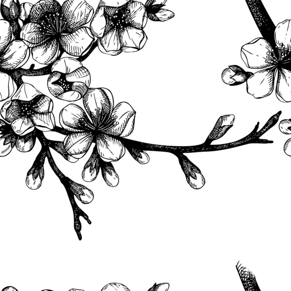 Patrón sin costura con ramita de árbol frutal floreciente dibujada a mano — Archivo Imágenes Vectoriales