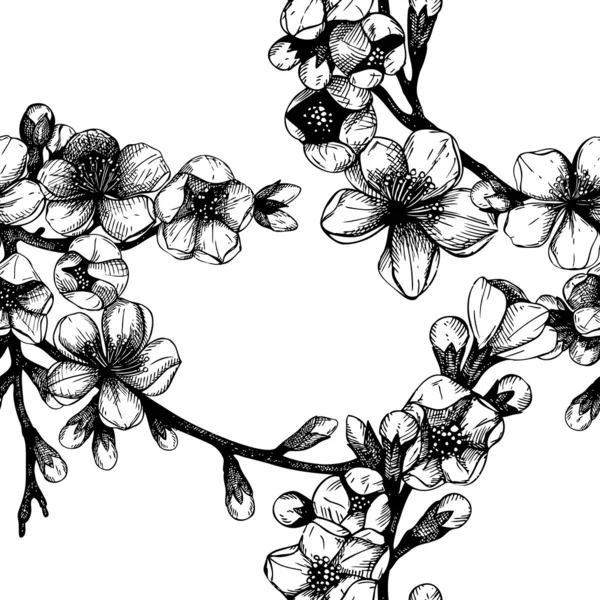 Modèle sans couture avec rameau d'arbre fruitier à fleurs dessiné à la main — Image vectorielle