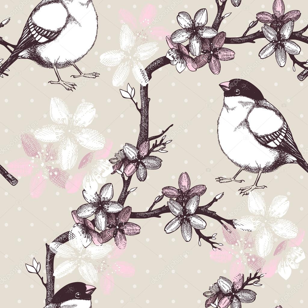 Vector vintage seamless pattern with hand drawn blooming fruit tree twig and birds