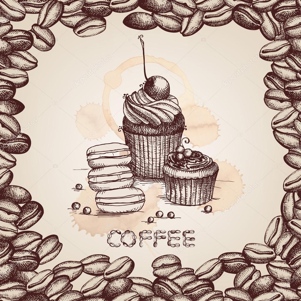 Hand drawn cupcake illustration on decorative background with coffee beans frame