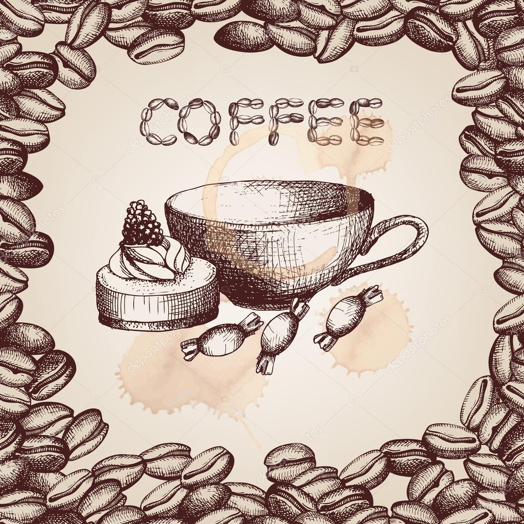 Hand drawn cupcake and cup illustration on decorative background with coffee beans frame