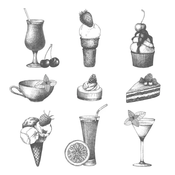 Cocktails, sucreries et pâtisseries — Image vectorielle