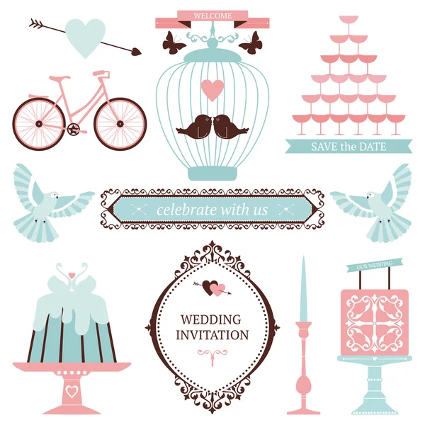 Ensemble vintage d'éléments de mariage — Image vectorielle