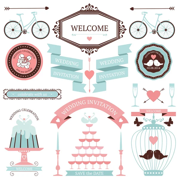 Vintage conjunto de elementos de la boda — Vector de stock