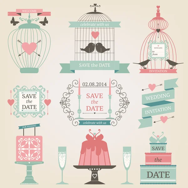 Vintage conjunto de elementos de la boda — Vector de stock