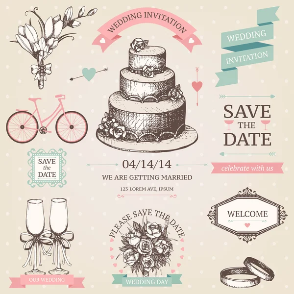 Vintage conjunto de elementos de la boda — Vector de stock