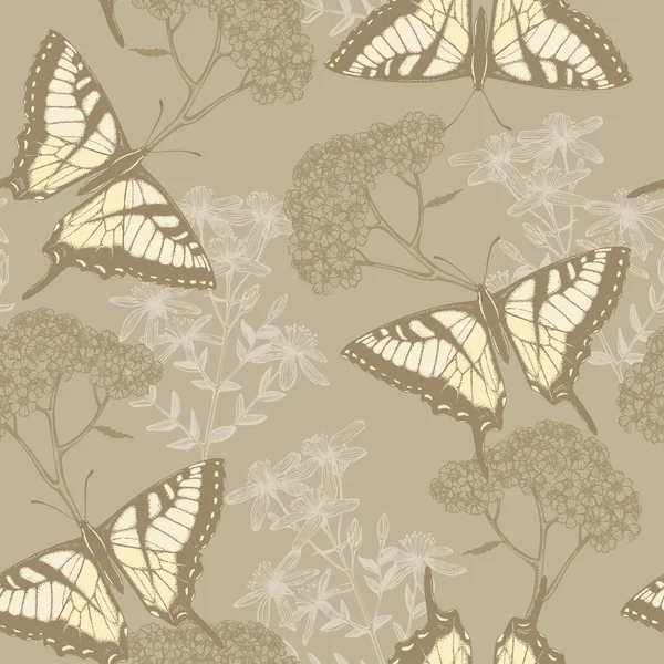 Бабочки с травами и цветами — стоковый вектор