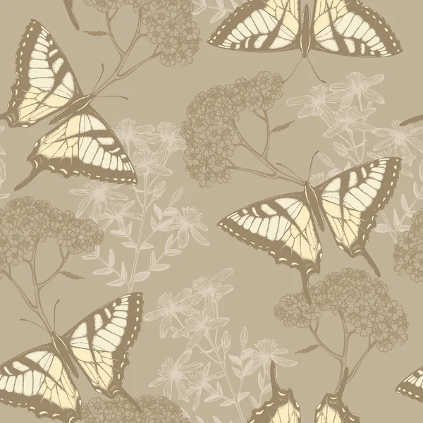 Papillons aux herbes et fleurs — Image vectorielle