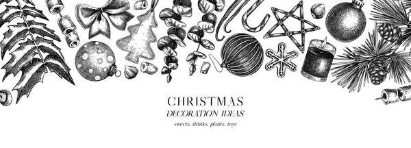 Vintage Christmas Banner Design Handskizzierter Feiertagshintergrund Mit Weihnachtsdekoration Traditionellen Süßigkeiten — Stockvektor