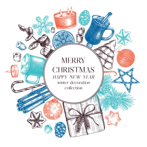 Diseño Corona Cuadrada Navidad Elementos Navideños Dibujados Mano Decoraciones Árboles — Archivo Imágenes Vectoriales