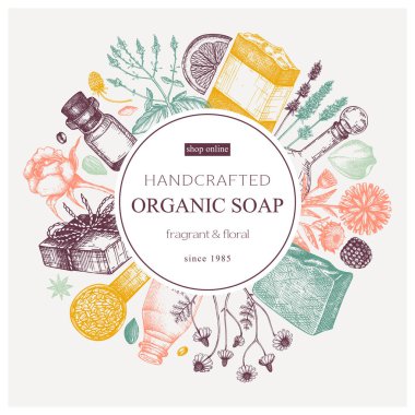 Organik sabun çelengi renginde. El yapımı aromatik malzemeler ve kozmetik ve parfüm için doğal malzemeler. Markalaşma, ambalaj, kimlik, web afişleri için harika. Sabun çerçevesi