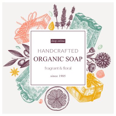 Organik sabun çelengi renginde. El yapımı aromatik malzemeler ve kozmetik ve parfüm için doğal malzemeler. Markalaşma, ambalaj, kimlik, web afişleri için harika. Sabun çerçevesi