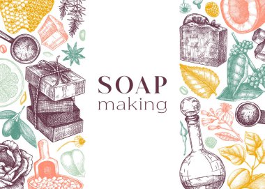 Sabun malzemelerinin rengini gösteren pankart. Kozmetik, parfüm ve sabun için elle çizilmiş aromatik malzemeler. Markalaşma, paketleme, kimlik ve web tasarımı için harika. Renkli sabun şablonu