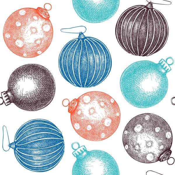 クリスマスボールの色のシームレスなパターン 手はクリスマスツリーの装飾を背景にスケッチした グリーティングカード 招待状 チラシ バナー パッケージに最適です 装飾ガラス玉の背景 — ストックベクタ