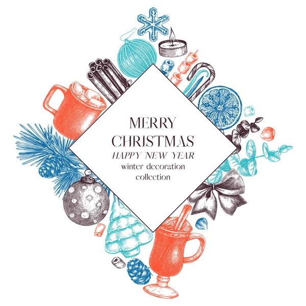 ヴィンテージクリスマスバナーの色のデザイン クリスマスの装飾 伝統的なお菓子 冬の植物と手描きの休日の背景 クリスマスや新年のカードや招待テンプレート — ストックベクタ