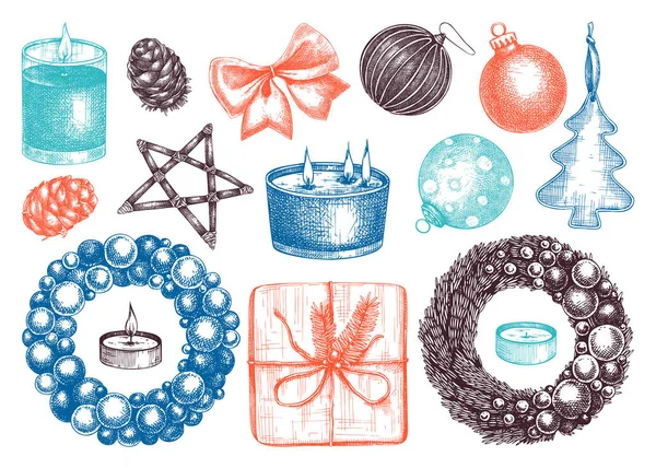 ヴィンテージクリスマスの色の装飾 クリスマスの装飾 伝統的なお菓子 冬の植物の手描きの休日のコレクション クリスマスや新年のパッケージ カード 招待テンプレートのために — ストックベクタ