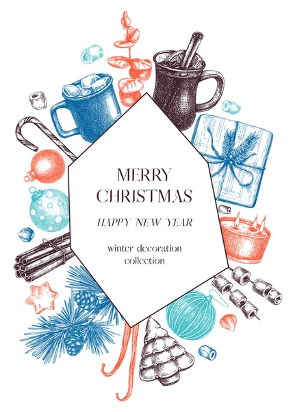 ヴィンテージクリスマスカードや招待テンプレート クリスマスの装飾 伝統的なお菓子 冬の植物と手描きの休日のデザイン クリスマスや新年のフレーム バナー チラシ — ストックベクタ