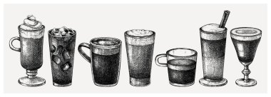 Sabah kahve fincanı koleksiyonu. Elle çizilmiş çizimler. Aromatik kafeinli bardak ve kupaların vektör çizimleri. Popüler kahve el çizimleri klasik tarzda. Vektör içecekleri ayarlandı.