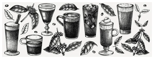 手描きのコーヒーイラスト集 グラスやマグカップのベクトルスケッチに芳香族カフェインドリンク 植物性コーヒー植物 葉やビンテージスタイルの豆 ベクトル飲料セット — ストックベクタ