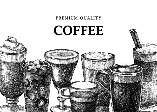 Ručně Načrtnuté Pozadí Kávy Vektorové Kresby Hrnků Aromatickými Kofeinovými Nápoji — Stockový vektor