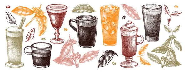 Kézzel Rajzolt Kávé Illusztrációk Gyűjteménye Vektorvázlatok Szemüvegekről Bögrékről Aromás Italokkal — Stock Vector