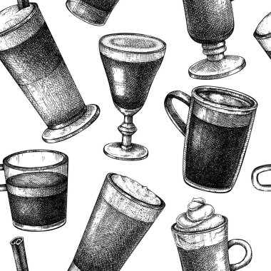 Elle çizilmiş, kusursuz kahve kalıbı. Aromatik kafeinli fincanların vektör çizimleri. Cappuccino, latte, americano, espresso, klasik tarzda. Vektör içecekleri arkaplan