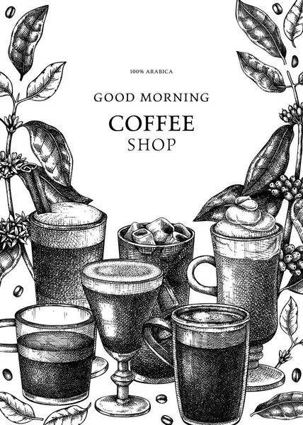 手绘咖啡卡模板 带有香味咖啡因饮料设计的杯子矢量草图 与植物咖啡植物 叶子和豆类在复古风格 病媒饮料模板 — 图库矢量图片