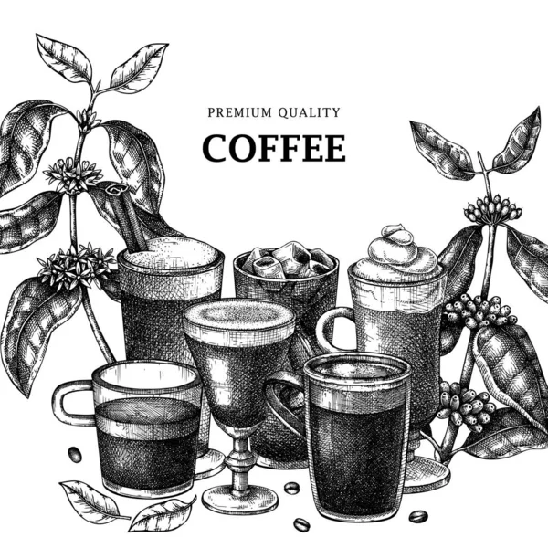 手描きのコーヒースクエアカードデザイン マグカップやメガネで芳香族ドリンクのベクトルスケッチと 植物性コーヒー植物 葉やビンテージスタイルで豆と ベクトル飲料フレームデザイン — ストックベクタ